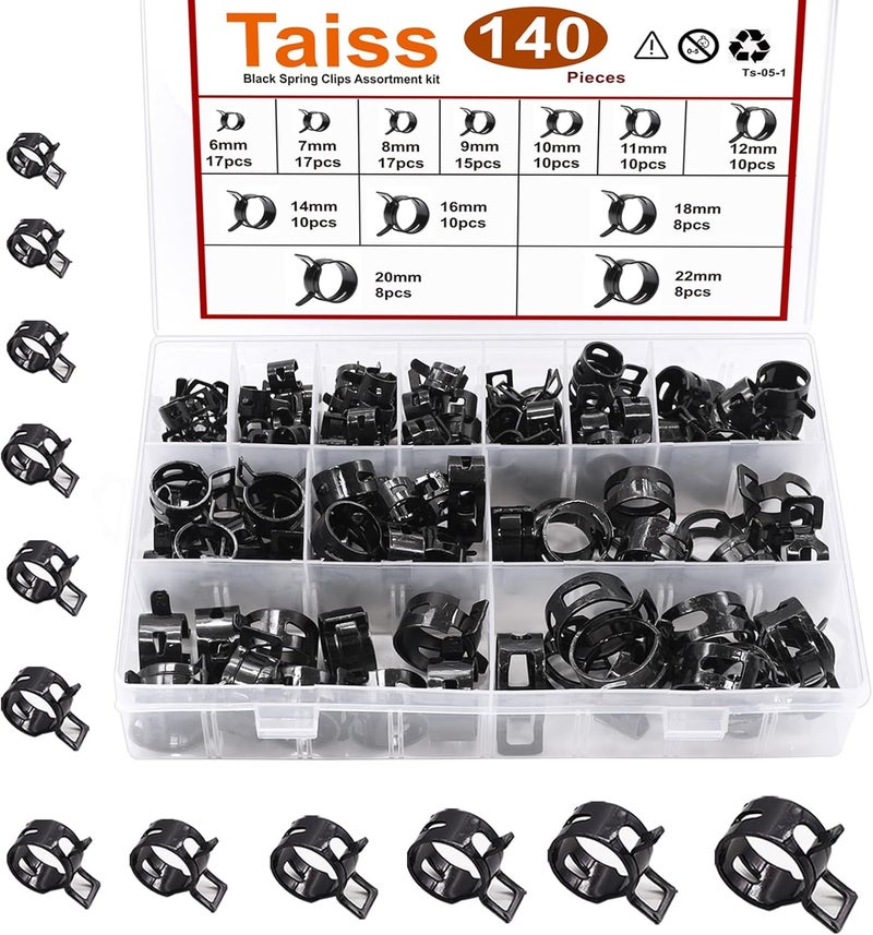 Taiss 140PCS 12 Sizes 6-22mm Black Spring Band Hose Clamp Assortment Kits.Low Pressure Air Clip Strap Clamp for Air Hose Tube Hose Fuel Silicone Vacuum Hose Clamp - Image 4